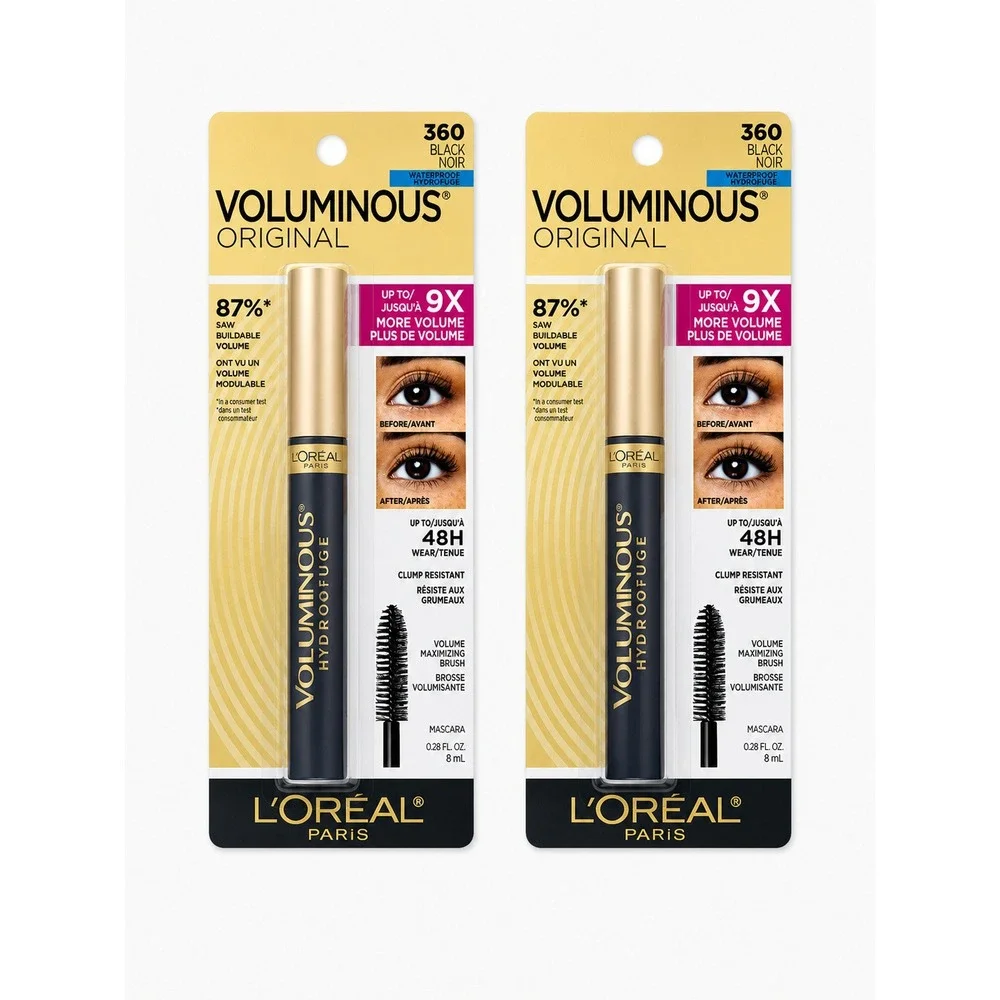L'Oreal Voluminous Original Waterproof Mascara 360 Black Noir 2 Pack 0.28oz Each